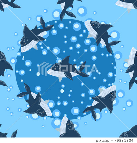 Shark in Scandinavian style surrounded by fish, starfish, seaweed, seashells, hand drawn 79831304