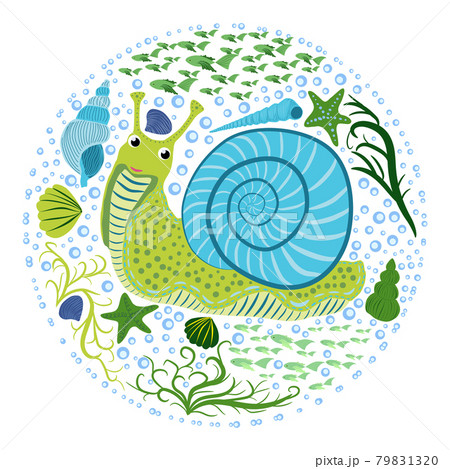 Pink snail beautiful character among seashells, seaweed, starfish, Scandinavian style, hand drawn. 79831320