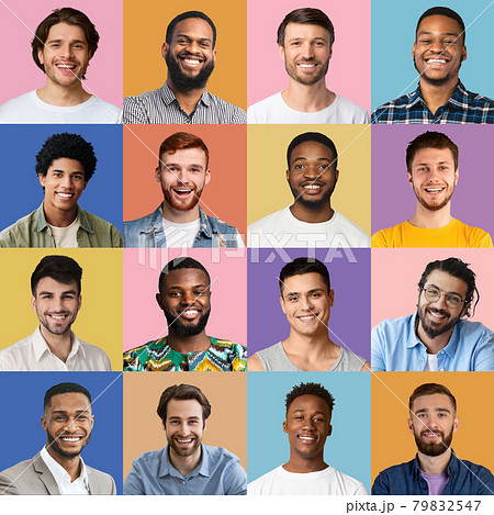 Handsome men different ethnicities posing on colorful backgrounds 79832547