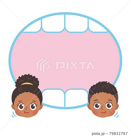 よく噛む子供と歯のフレームのイラスト素材