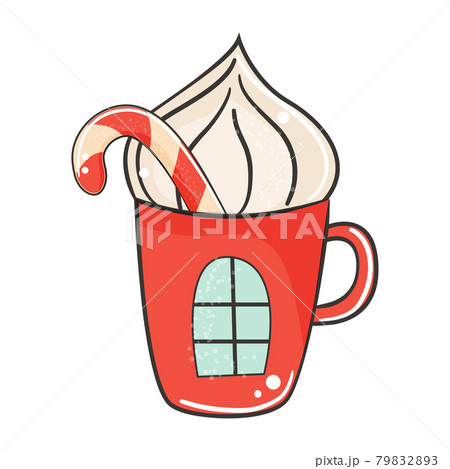 Winter red cup with candy and whipped cream.  79832893