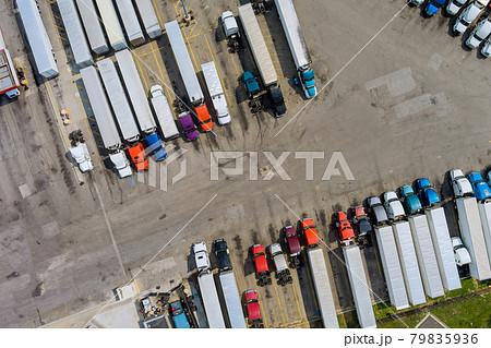 Top view car parking for heavy trucks stop on rest area in the highway trucks stand in a row 79835936