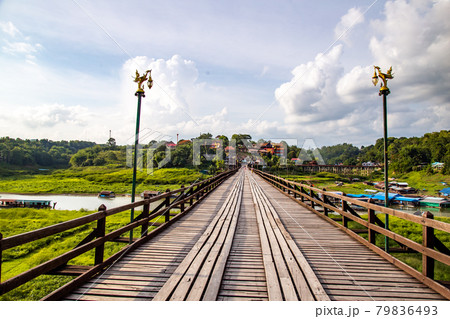Mon Bridge, old wooden bridge at sunset in Sangkhlaburi, Kanchanaburi, Thailand 79836493