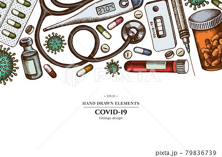 Colored elements design with vial of blood, pills and medicines, medical thermometer, coronavirus 79836739