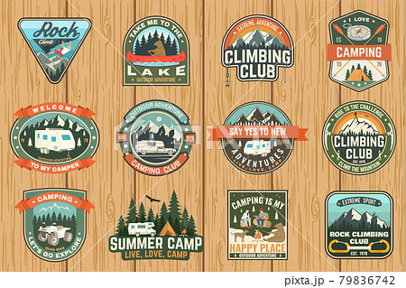 Set of Rock Climbing club and summer camp badges. Vector Concept for shirt or print, stamp, patch or tee. Vintage typography design with camping tent, trailer, camper, climber, carabiner and mountains 79836742
