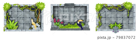 Jungle stone game frame set, tropical rock UI menu panel, vector green bushes, liana, vine, toucan Jungle stone game frame set, tropical rock UI menu panel, vector green bushes, liana, vine, toucan 79837072