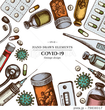 Colored elements design with vial of blood, pills and medicines, medical thermometer, coronavirus 79838317