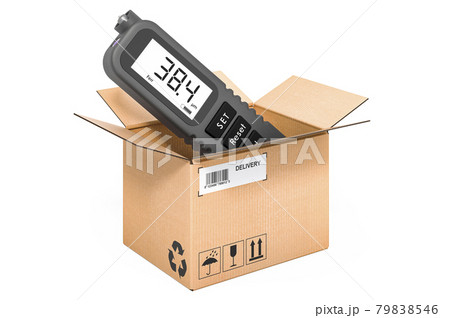 Coating thickness gauge inside cardboard box, delivery concept. 3D rendering Coating thickness gauge inside cardboard box, delivery concept. 3D rendering 79838546