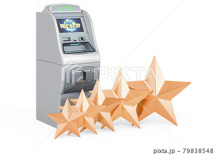 ATM machine with five golden stars. Customer rating of banking service. 3D rendering ATM machine with five golden stars. Customer rating of banking service. 3D rendering 79838548