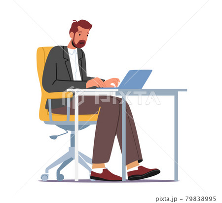 Business Man Character Working on Laptop Sitting at Desk Workplace in Office or Home. Manager, Clerk Work on Computer 79838995