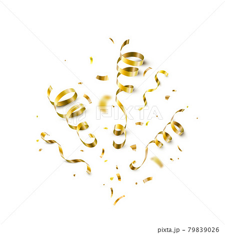 Gold confetti, serpentine ribbons isolated on white vector background. Glitter tinsel explosion in 3d realistic style for birthday, party, carnival 79839026