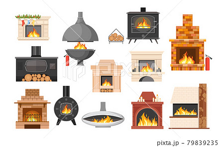 Set of Traditional and Modern Fireplaces, Indoor Heating Stoves, Chimneys with Burning Fire and Logs. Home Fireside 79839235