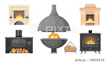 Set Fireplaces, Traditional and Modern Style Indoor Chimneys with Burning Fire and Logs. Home Fireside, Heating System 79839259