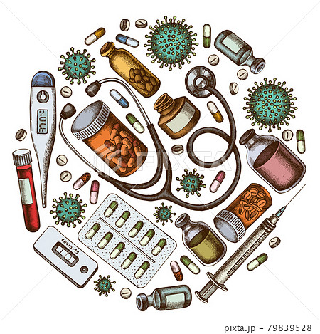 Round design with colored vial of blood, pills and medicines, medical thermometer, coronavirus rapid Round design with colored vial of blood, pills and medicines, medical thermometer, coronavirus rapid 79839528
