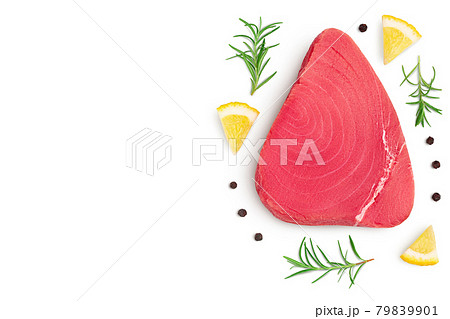 Fresh tuna fish fillet steak isolated on white background with clipping path. Top view with copy space for your text. .Flat lay 79839901
