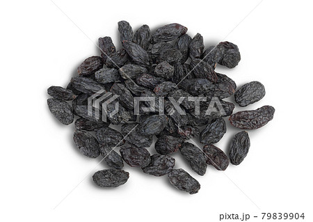Black raisin isolated on white background with clipping path. Top view. Flat lay 79839904
