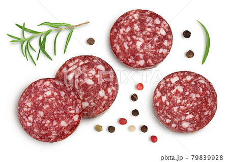 Smoked sausage salami slices isolated on white background with clipping path and full depth of field. Top view. Flat lay 79839928