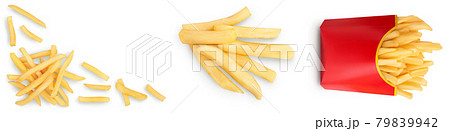 French fries or fried potatoes isolated on white background. Set or collection 79839942