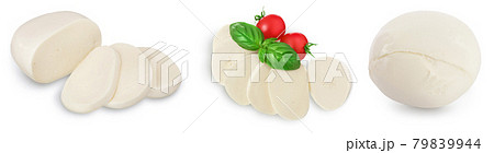 Mozzarella cheese sliced with basil leaf isolated on white background . Set or collection 79839944