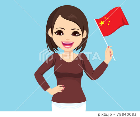 Beautiful happy smiling Chinese woman with hand on hip holding china flag 79840083