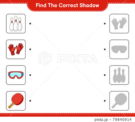 Find the correct shadow. Find and match the correct shadow of Bowling Pin, Goggle, Ping Pong Racket, and Goalkeeper Gloves. Educational children game, printable worksheet, vector illustration 79840914