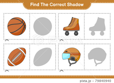 Find the correct shadow. Find and match the correct shadow of Hockey Helmet, Roller Skate, Basketball, and Soccer Ball. Educational children game, printable worksheet, vector illustration Find the correct shadow. Find and match the correct shadow of Hockey Helmet, Roller Skate, Basketball, and Soccer Ball. Educational children game, printable worksheet, vector illustration 79840940