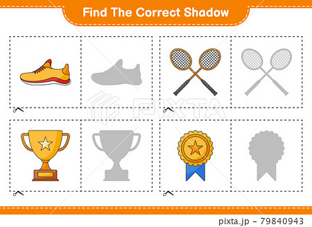 Find the correct shadow. Find and match the correct shadow of Trophy, Running Shoes, and Badminton Rackets. Educational children game, printable worksheet, vector illustration 79840943