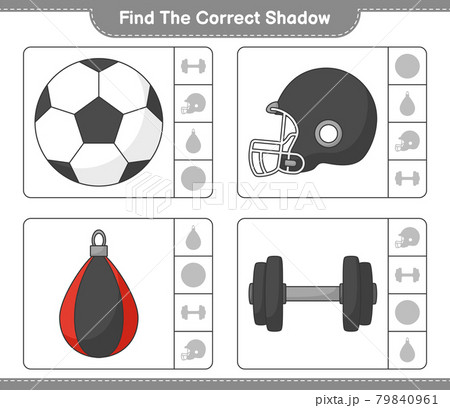 Find the correct shadow. Find and match the correct shadow of Soccer Ball, Football Helmet, Dumbbell, and Punching Bag. Educational children game, printable worksheet, vector illustration Find the correct shadow. Find and match the correct shadow of Soccer Ball, Football Helmet, Dumbbell, and Punching Bag. Educational children game, printable worksheet, vector illustration 79840961