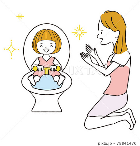 手書き線画カラーイラスト トイレトレーニング成功 ママと女の子のイラスト素材