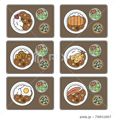 カレーライス定食のイラストセットのイラスト素材