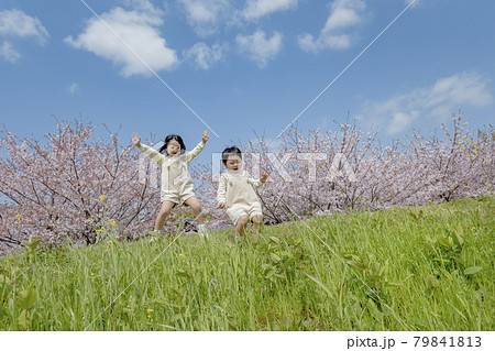 桜の咲く土手で遊ぶ姉と弟 79841813