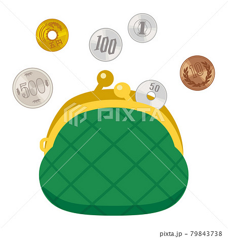 お金のイラスト 緑色のがま口財布と日本硬貨のイラスト素材