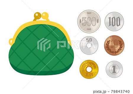お金のイラスト 緑色のがま口財布と日本硬貨 お金のイラスト 緑色のがま口財布と日本硬貨 79843740