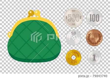 お金のイラスト 緑色のがま口財布と日本硬貨 お金のイラスト 緑色のがま口財布と日本硬貨 79843740