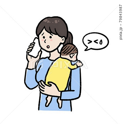 急病の子どもと病院に電話するお母さんのイラストのイラスト素材