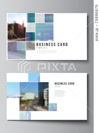 Vector layout of two creative business cards design templates, horizontal template vector design. Abstract design project in geometric style with blue squares. Vector layout of two creative business cards design templates, horizontal template vector design. Abstract design project in geometric style with blue squares. 79886876