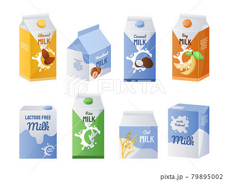 Organic milk. Vegetarian drinks collection for coffee and tea. Vegan milky replacement. Isolated cardboard food containers. Lactose free liquid products. Vector healthy beverages set 79895002