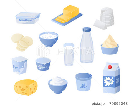 Dairy products. Cartoon bottles and glasses of milk. Cheese or butter. Jars of yogurt and cream. Fresh organic meal collection. Natural ingredients. Vector healthy everyday food set Dairy products. Cartoon bottles and glasses of milk. Cheese or butter. Jars of yogurt and cream. Fresh organic meal collection. Natural ingredients. Vector healthy everyday food set 79895048