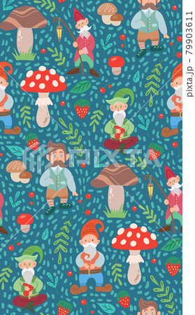 Simple childish pattern with gnomes, natural and doodle decorations. Texture with leprechauns, foliage, mushrooms and berries on blue background. Hand drawn fairy backdrop Simple childish pattern with gnomes, natural and doodle decorations. Texture with leprechauns, foliage, mushrooms and berries on blue background. Hand drawn fairy backdrop 79903611