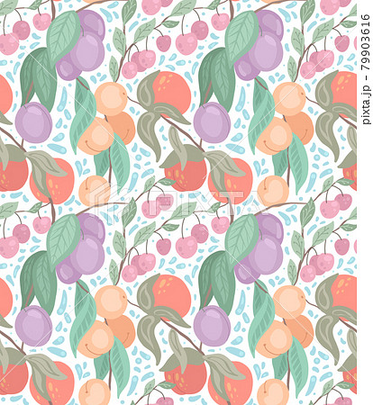 Seamless flat delicate texture with cherries, peaches, plums on branches with foliage on white background with doodle decoration. Cartoon pattern with berries 79903616