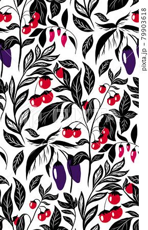 Seamless monochrome pattern with vegetables and foliage. Vector texture with black silhouette of eggplants, cherry tomatoes, chili peppers on white background. Seamless monochrome pattern with vegetables and foliage. Vector texture with black silhouette of eggplants, cherry tomatoes, chili peppers on white background. 79903618