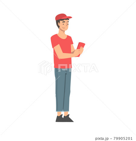 Man Volunteer in Red Cap Hand Out Leaflet Engaged in Charity Activity Vector Illustration 79905201