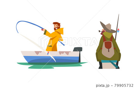 Bearded Male Fisherman with Fishing Rod on Boat Angling and Smoking Pipe Vector Set Bearded Male Fisherman with Fishing Rod on Boat Angling and Smoking Pipe Vector Set 79905732