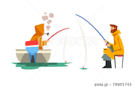 Bearded Male Fisherman with Fishing Rod on Boat Angling and Smoking Pipe Vector Set Bearded Male Fisherman with Fishing Rod on Boat Angling and Smoking Pipe Vector Set 79905743