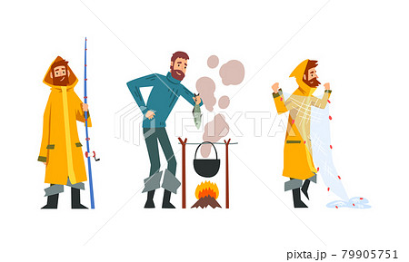 Bearded Male Fisherman with Fishing Rod and Net Angling and Boiling in Cauldron Vector Set Bearded Male Fisherman with Fishing Rod and Net Angling and Boiling in Cauldron Vector Set 79905751