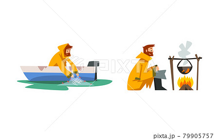 Bearded Male Fisherman with Fishing Net Angling in Boat and Boiling Soup in Cauldron Vector Set 79905757