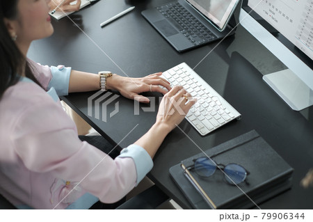 Shot of an attractive businesswoman is working on computer at her workstation. 79906344