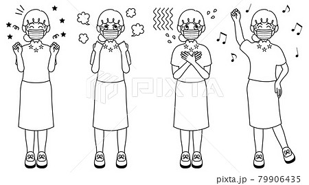 マスクをしているおばあさんの全身イラスト 白黒 のイラスト素材