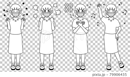 マスクをしているおばあさんの全身イラスト【白黒】 79906435
