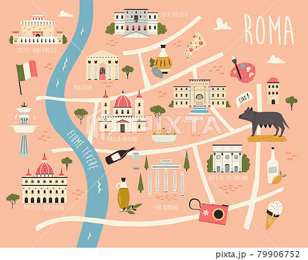 Illustrated map of Rome with famous symbols